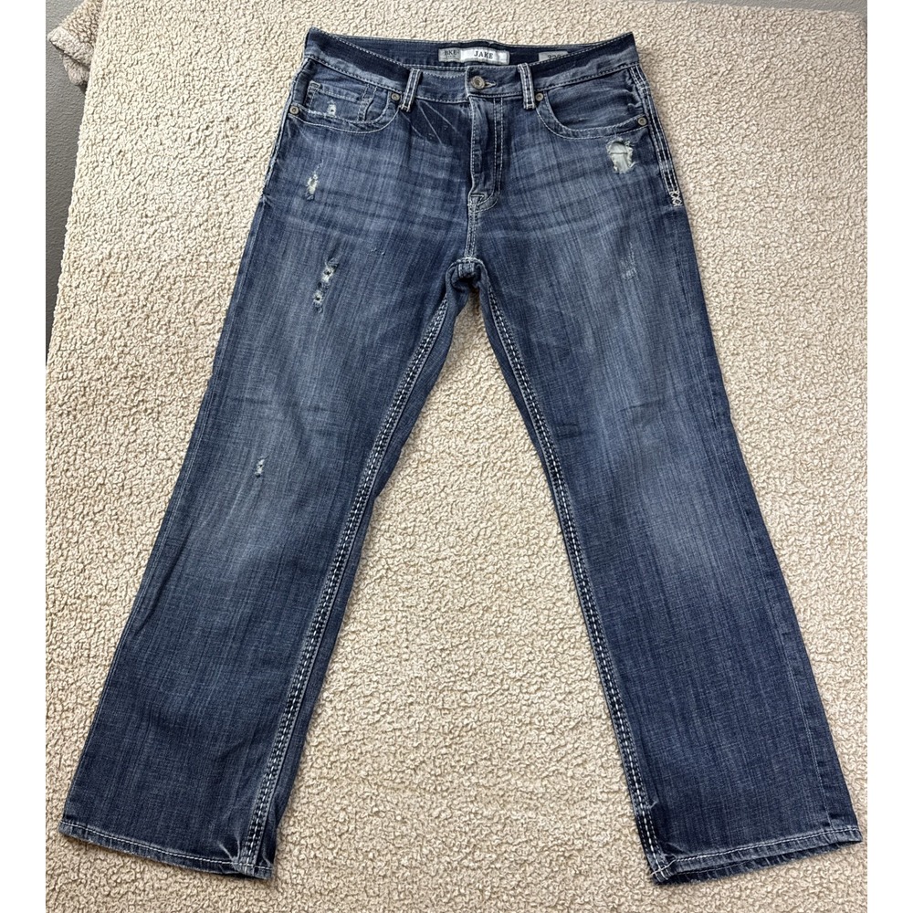 BKE Jake Straight Jeans Mens 33x29 Regular Fit 33S Mid Rise Distressed Stretch